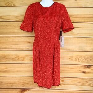 Stenay Dress Sequins Womens Size M Red Silk Blend Lined‎ Short Sleeves NWT $79